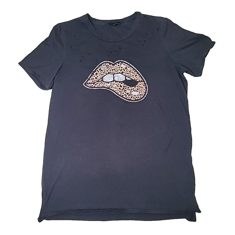 Zutter Leopard Print Lips Short Sleeve‎ Distressed Holes Black T Shirt Women Med